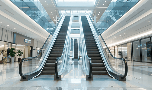 购物中心的自动扶梯与白色地板隔离