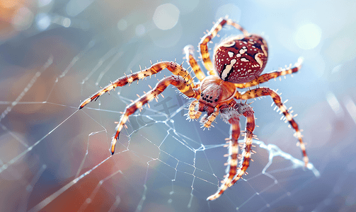 十字蜘蛛在蜘蛛线上爬行昆虫中有用的猎人模糊
