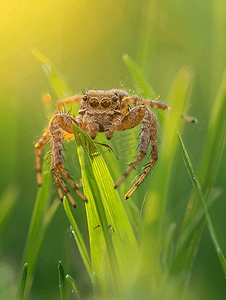 毛骨悚然摄影照片_十字蜘蛛与猎物挤在草叶上是昆虫中有用的猎人