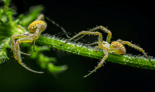 毛骨悚然摄影照片_十字蜘蛛沿着蜘蛛丝爬到植物上是昆虫中有用的猎手