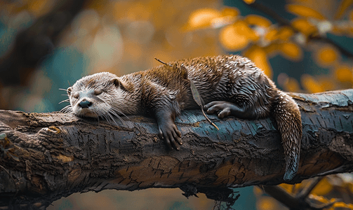 木头摄影照片_水獭以可爱的姿势睡在木头上