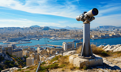 法国马赛一座小山上的观景台配有双筒望远镜
