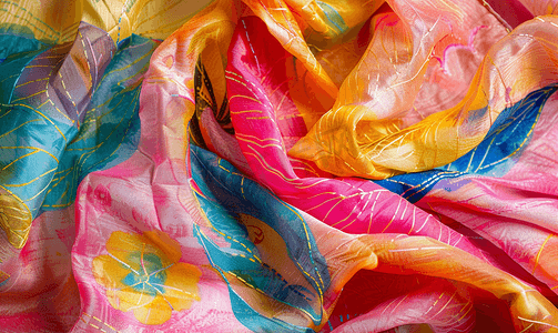 手绘丝绸摄影照片_用紧握的彩绘丝绸蜡染缝制而成的围巾