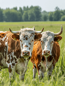 一头年轻的公牛和一头年轻的斑点牛在绿草田里