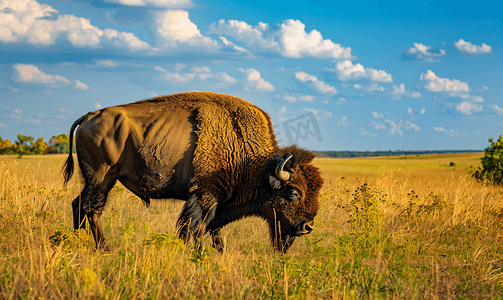 技术大牛摄影照片_棕色野牛在堪萨斯大草原上吃草