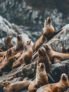 不列颠哥伦比亚省北海狮被拖上岩石