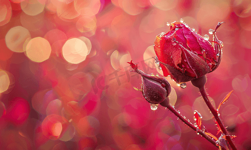 红色干玫瑰红色背景卡上带水滴带花和散景