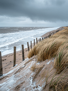 暴风雨天气期间比利时米德尔克尔克北海海滩的全景