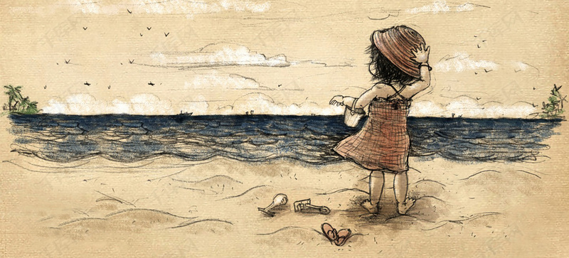 手绘素描海边记忆背景图