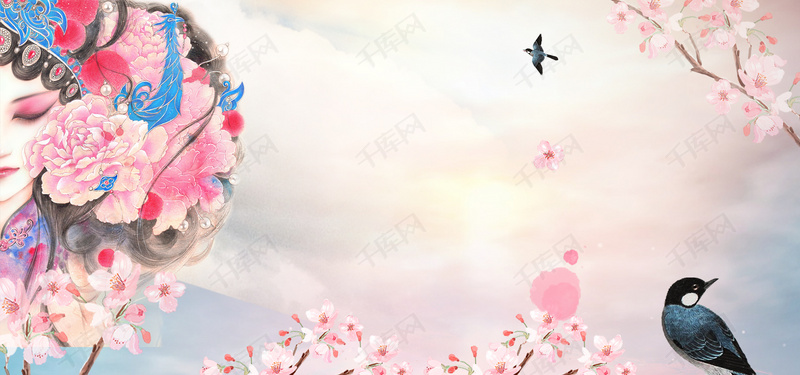 创意桃花节文艺京剧脸谱鸟粉banner背景图片免费下载