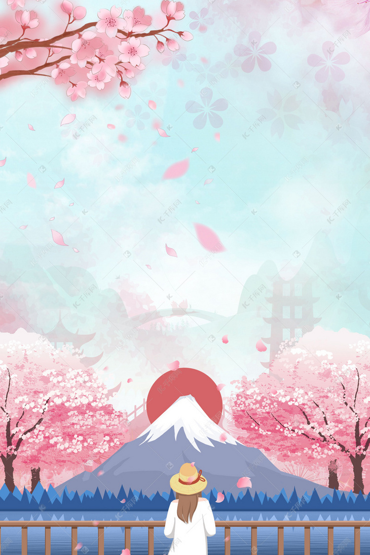 创意日本富士山旅游卡通合成背景