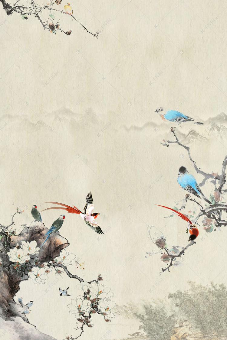 古典复古中国风远山近鸟背景海报