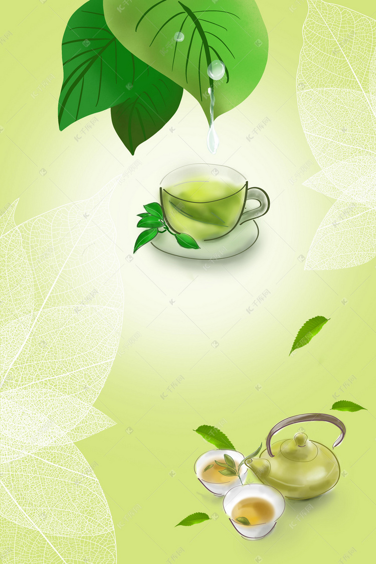 绿色小清新清晨露珠露水白露茶节气背景