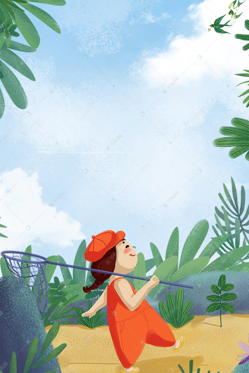 夏季手绘叶子手绘钓鱼户外广告背景