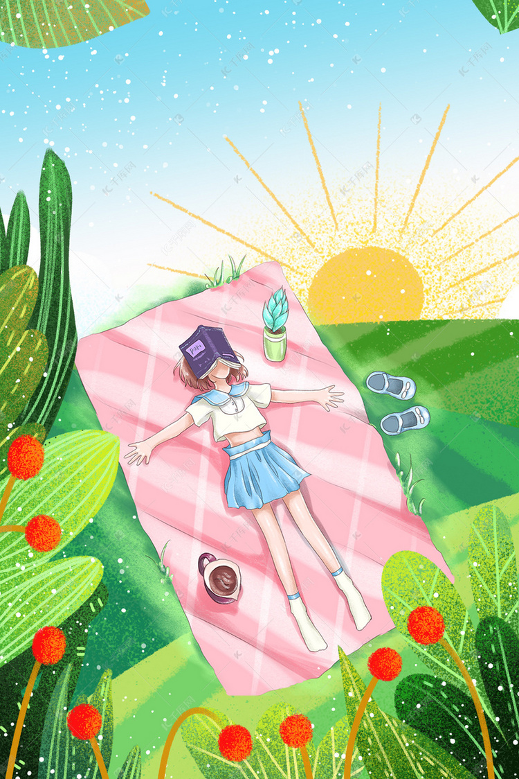 夏季女孩悠闲躺在草地上背景图片
