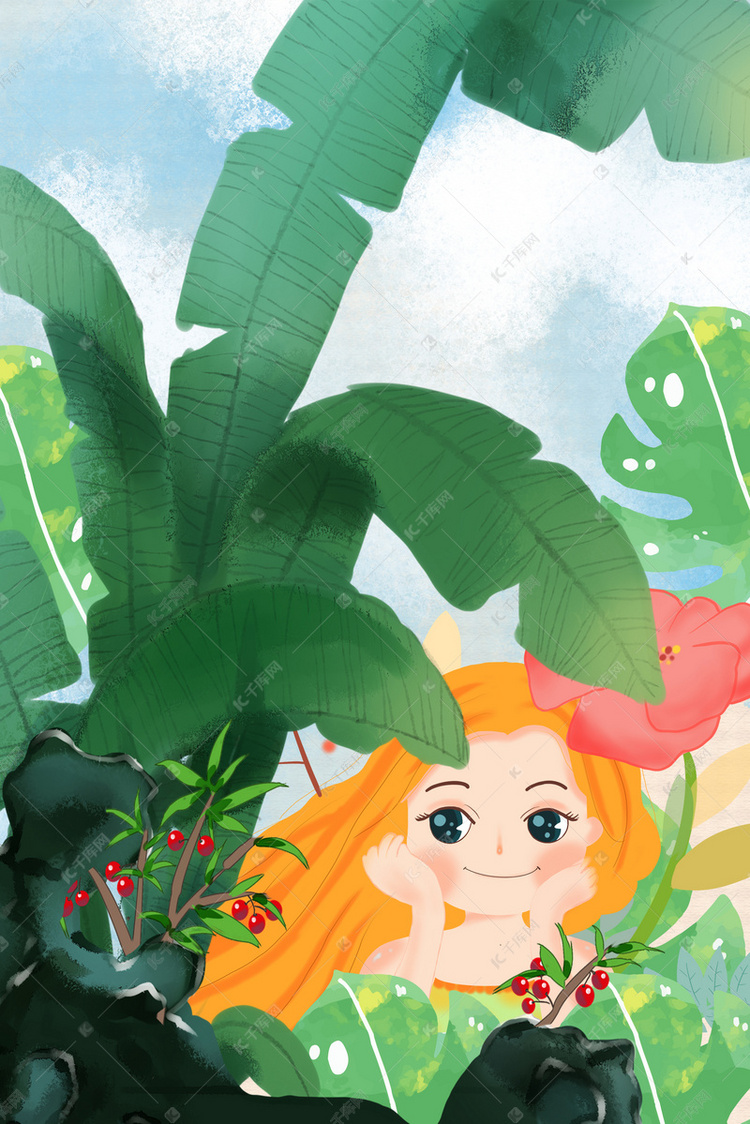 插画绿植小女孩电商淘宝背景h5