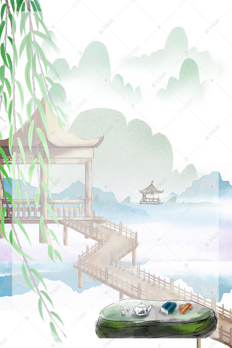 小清新山水古风春茶节柳树酒具背景图