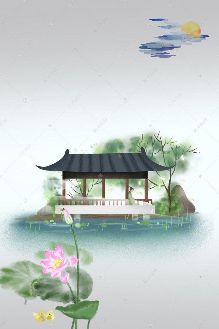 中国风意境荷塘月色意境海报背景素材