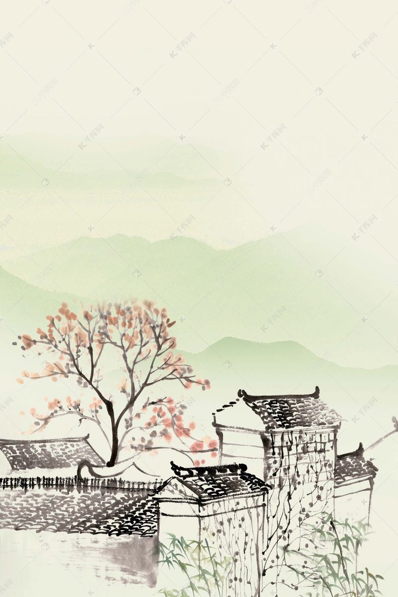 简约水墨画江南水乡忆江南海报背景素材