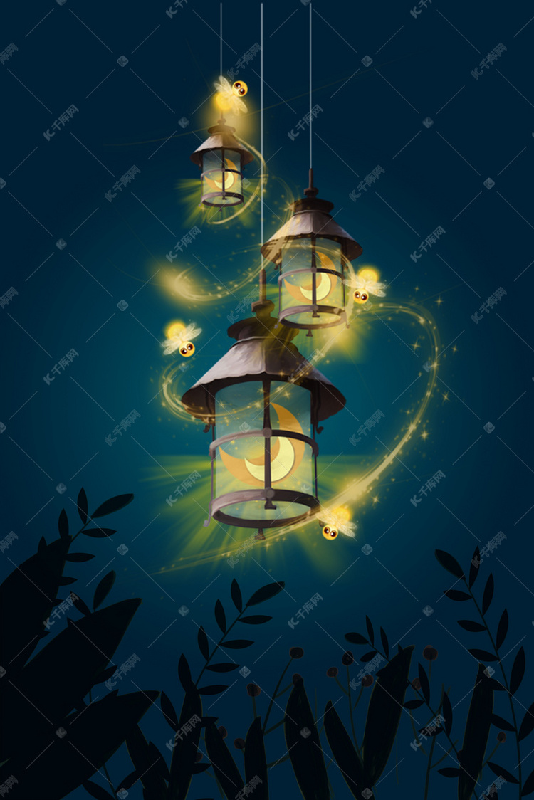 梦幻精美萤火虫灯笼画册展板矢量背景素材
