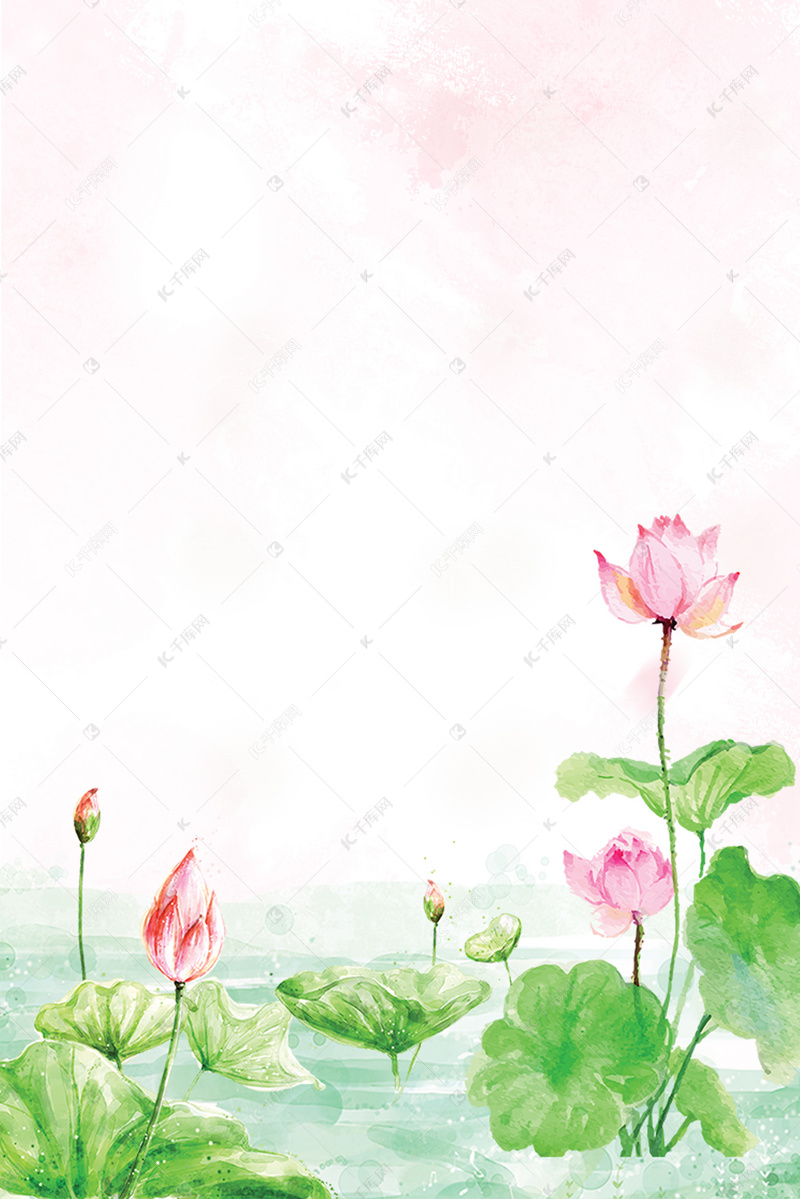 手绘中国风荷花粉色唯美背景素材