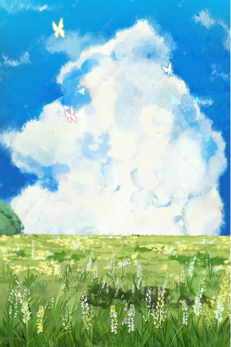 蓝天白云草地插画