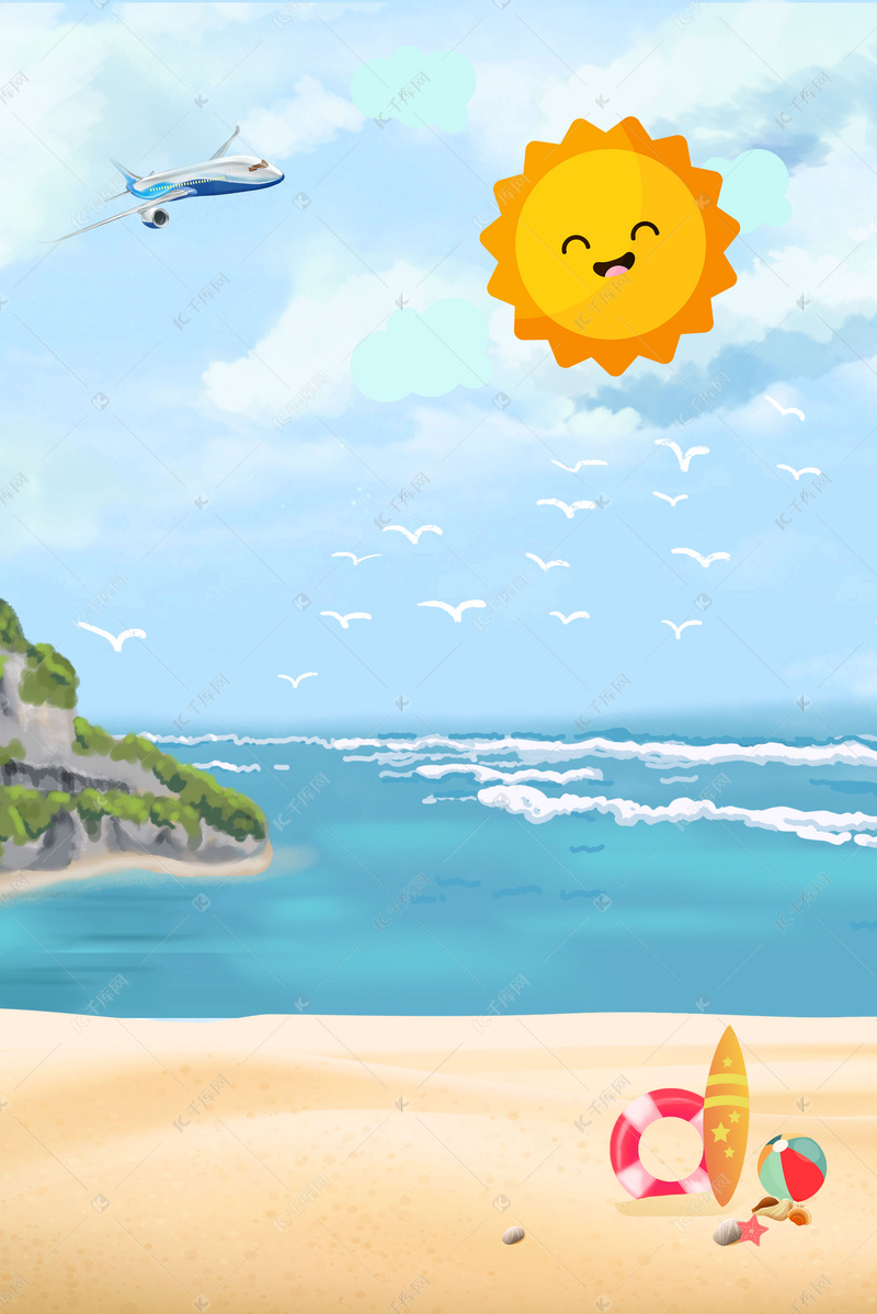 大暑文艺卡通岸边海边沙滩飞机太阳背景图片免费下载