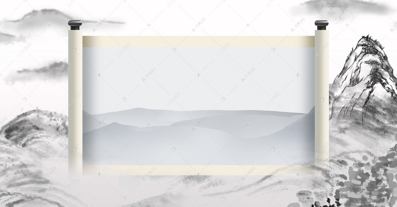 古典卷轴大气中国风水墨远山背景海报