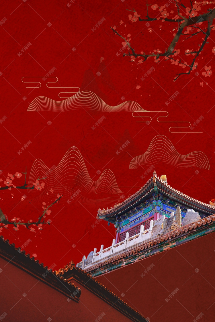 简约大气故宫建筑红色中国风背景海报