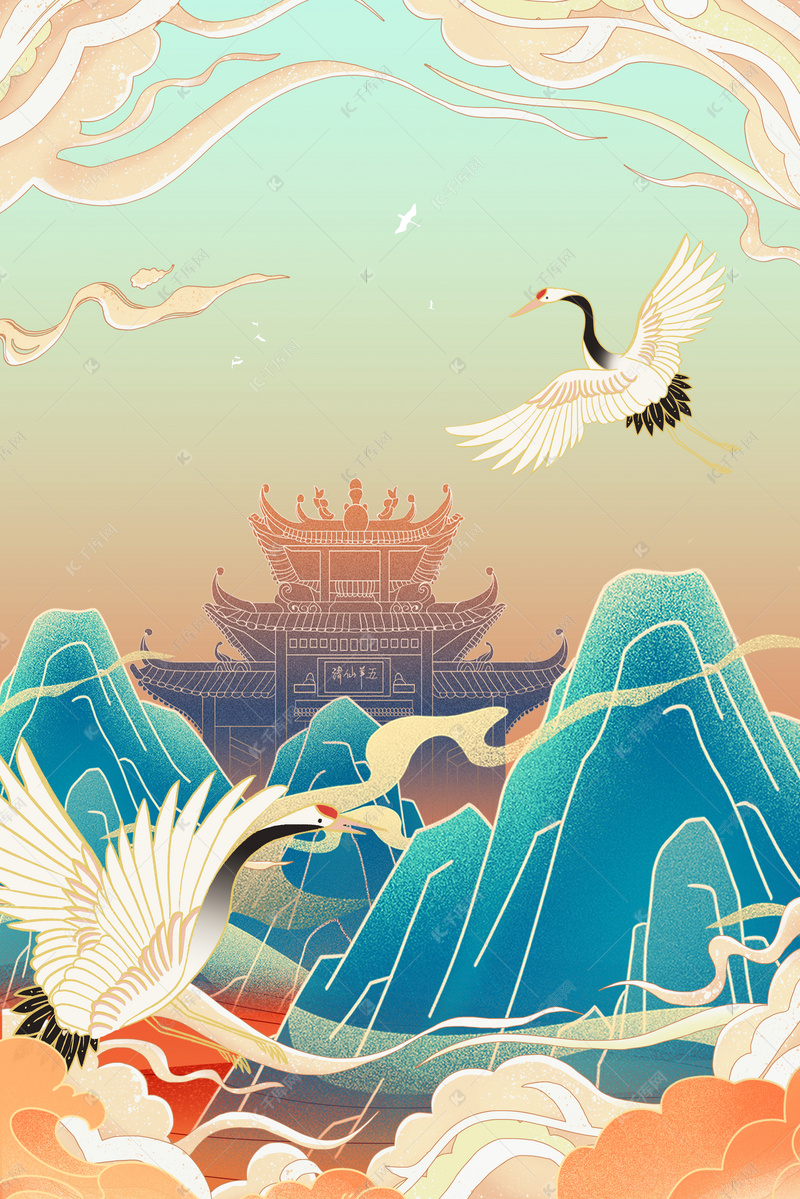 国潮工笔画山水简约中式背景