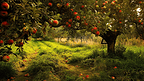 果园里苹果树下草丛里散落一地的苹果