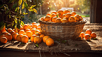 一群刚摘下的橙子放在一个篮子里