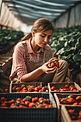 女孩检查和保护他的产品农场里的草莓果实