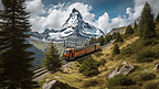 在瑞士采尔马特-瓦莱州一个多云晴朗的夏日，一列齿轮火车在戈尔纳格拉特铁路上行驶，穿过山坡旁的森林