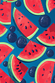 无缝对称的图案与西瓜片在蓝色的背景。夏季水果味。矢量图
