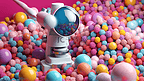 一个蓝色的显微镜在粉红色背景上的彩色球之间。3 d渲染。
