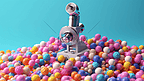 一个蓝色的显微镜在粉红色背景上的彩色球之间。3 d渲染。
