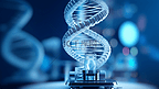 DNA环绕在显微镜和实验室设备的蓝色背景上。3 d渲染。
