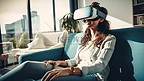 年轻女子在家使用虚拟现实耳机，坐在沙发上通过虚拟现实服装店在线购物。晚上休息在公寓选择新的外观。越过肩膀
