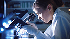 科学家分析研究数据和评估显微镜。医疗保健研究人员在生命科学实验室从事滴管化学测试的研究