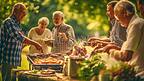 一群成熟的中年人在绿色公园烧烤野餐