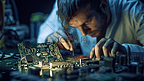 一位科学家正在检查主板上的计算机芯片
