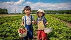 孩子们在农场采摘草莓