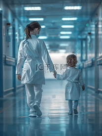 护士陪伴生病住院的小女孩