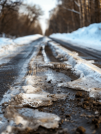 路边的脏雪沥青上的积雪融化降水后道路情况