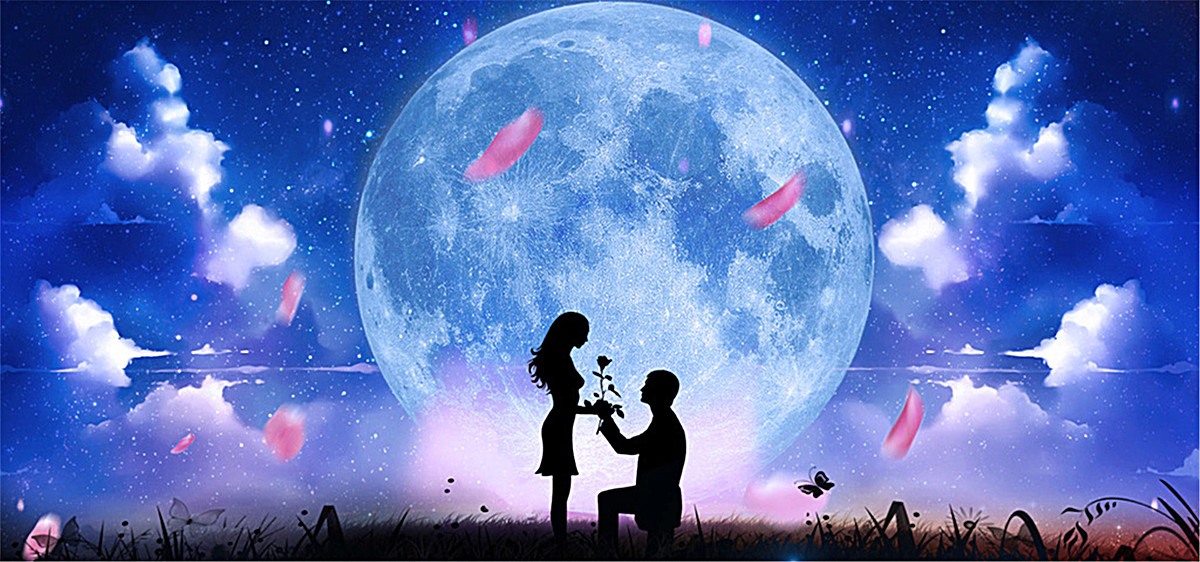夜空月亮下的情侣背景