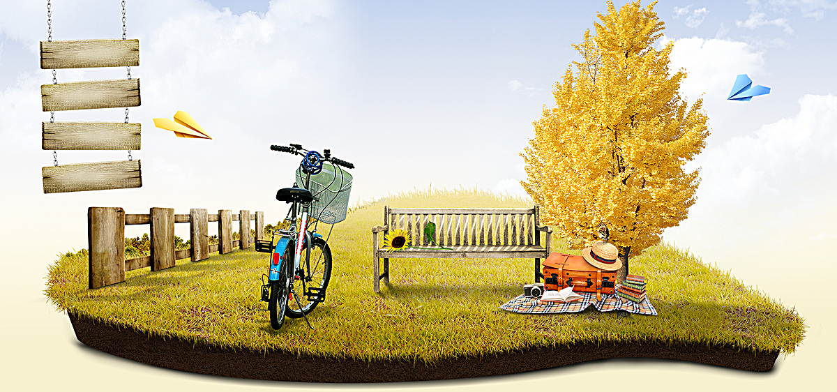 自行车休闲运动木椅海报Banner图片背景素材
