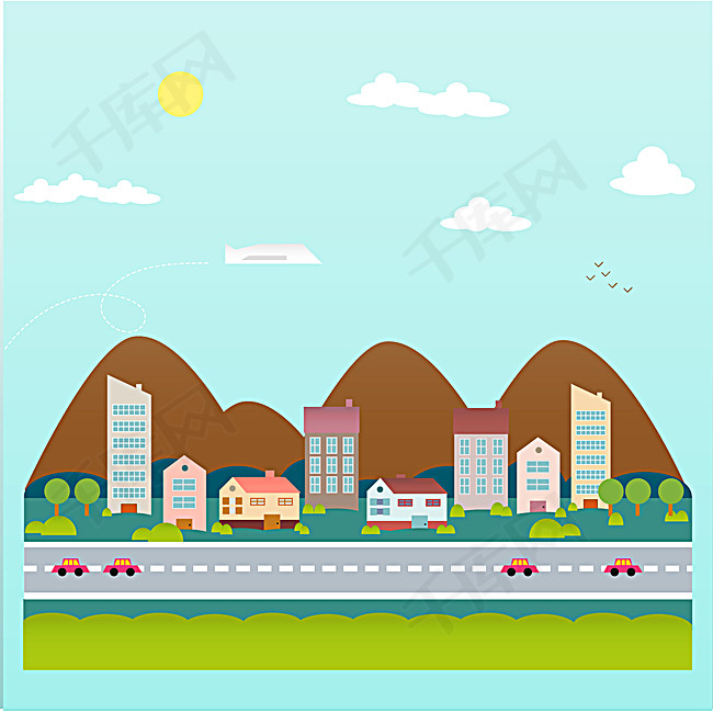 手绘卡通白云小区背景图片免费下载_h5背景/psd_千库