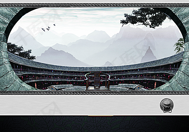 大气古风土楼建筑背景素材