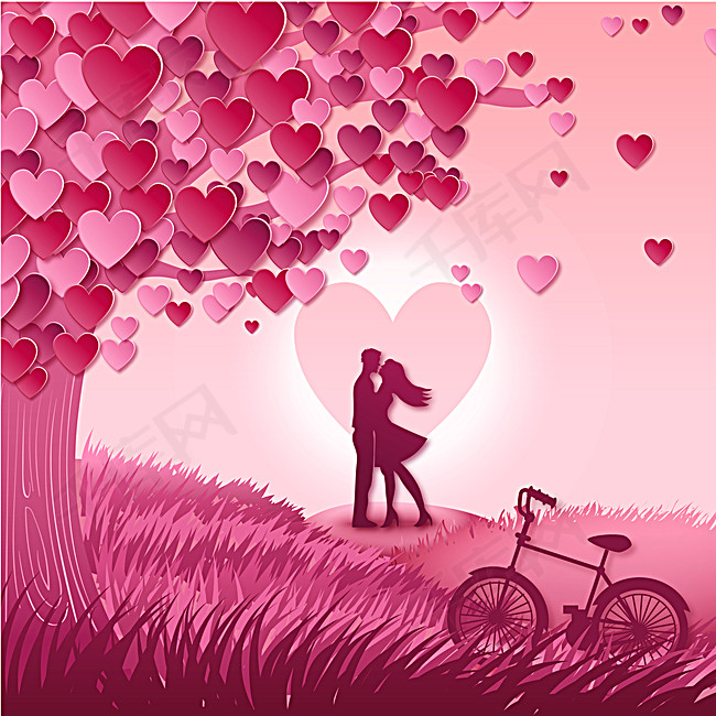 浪漫情侣粉色心形树背景素材